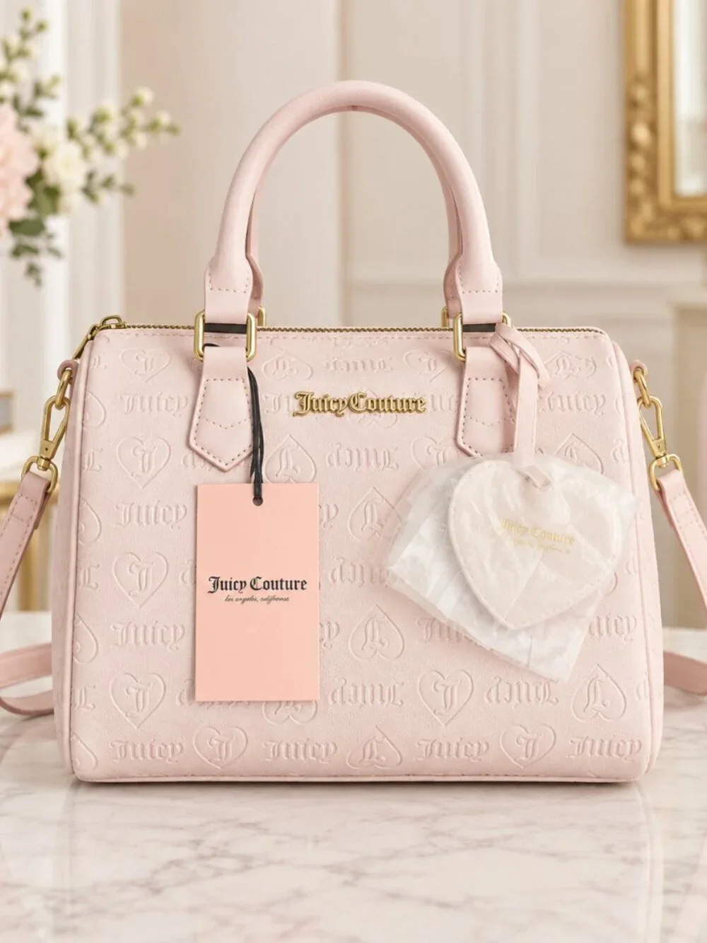 Juicy Couture Fame Pink Heart Embossed Satchel Crossbody Bag Charm NWT